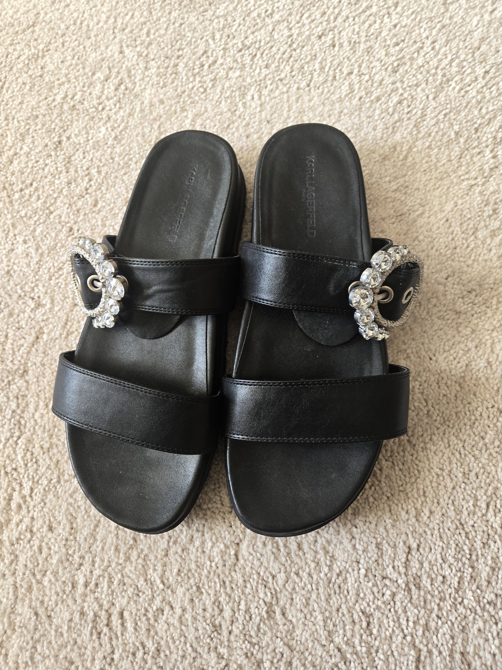 Karl Lagerfeld Black Leather Slide Sandals with Crystal Buckles
